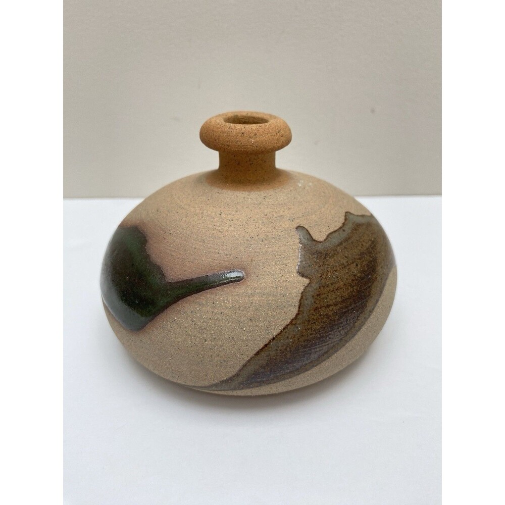 Vintage Small Handmade Studio Art Pottery Vase Red Clay w/ Blue & Green Glaze 5”